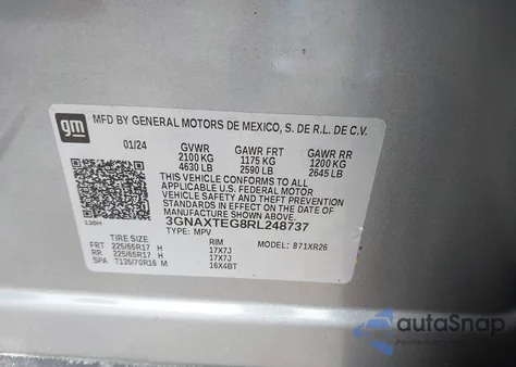 2024 Chevrolet Equinox Awd 2Fl from USA, damaged, VIN 3GNAXTEG8RL248737
